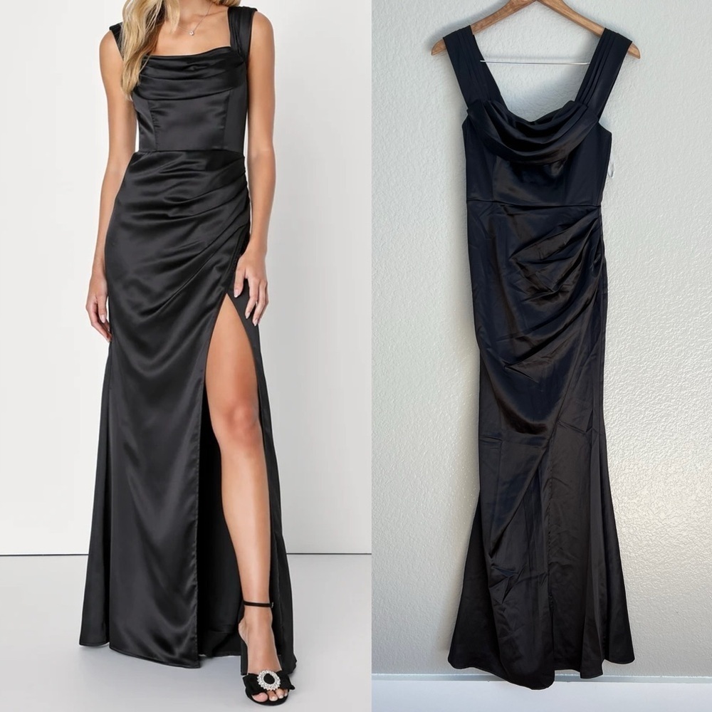 Stunning Arrival Black Satin Off-The-Shoulder Maxi Dress